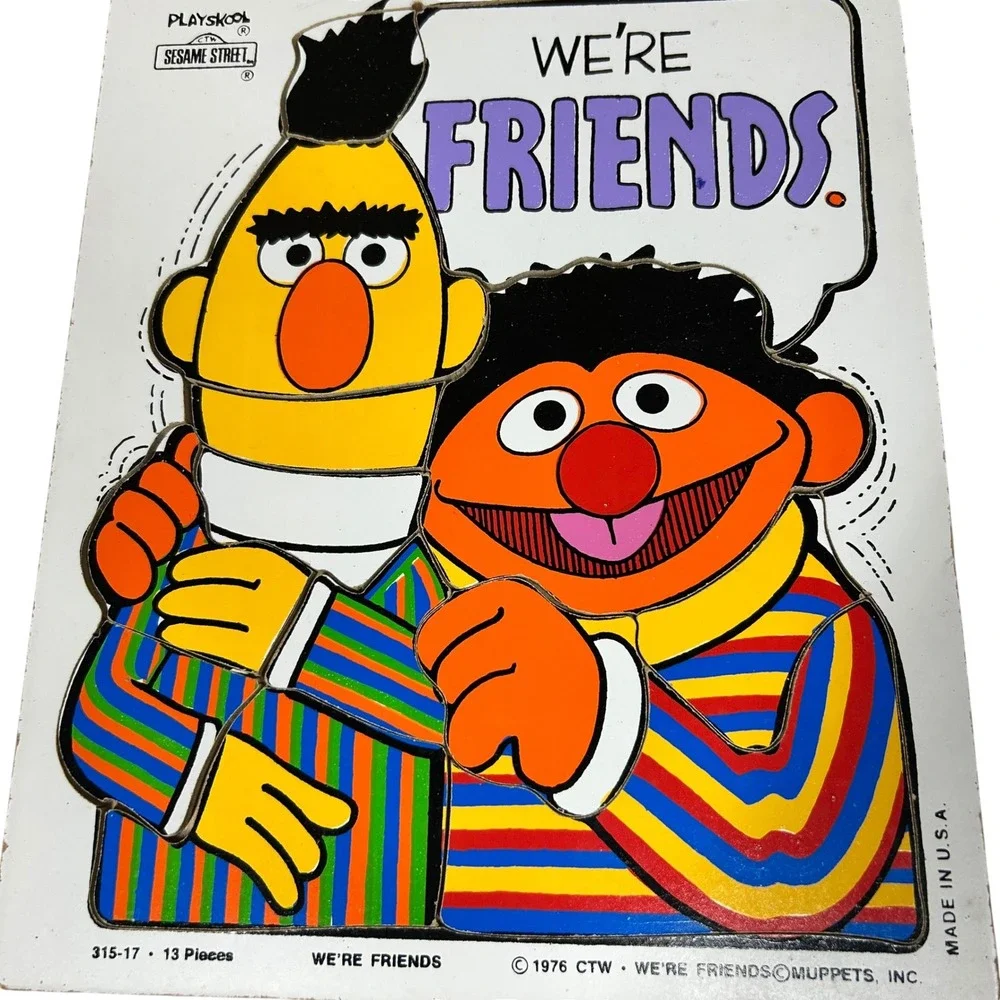 Vintage 1976 Playskool Sesame Street Bert and Ernie We're Friends Wooden Puzzle
